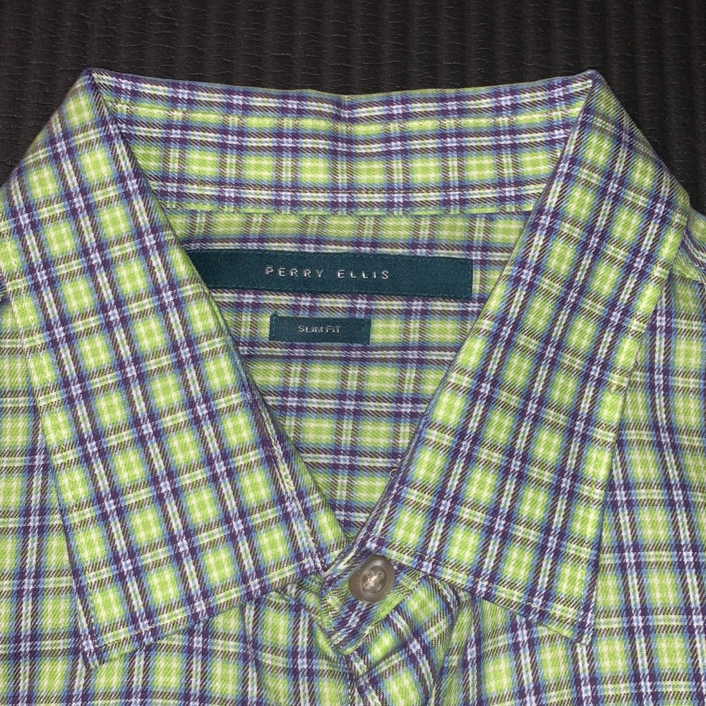Perry Ellis Checkered Plaid Slim Button Down Green Purple - Picture 5 of 8